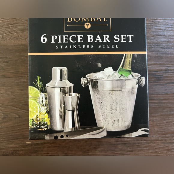 NIB Bombay 6 Piece Bar Set New Bucket Shaker Jigger Tongs Bottle Opener - Picture 3 of 5